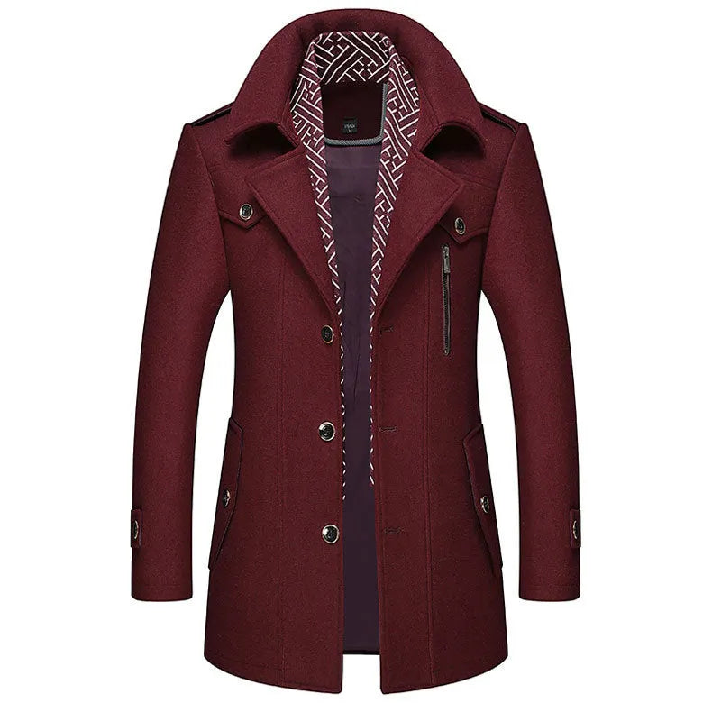 Men's Trench Coat with Detachable Soft Scarf Notched Collar Single Breasted Pea Coat Overcoat