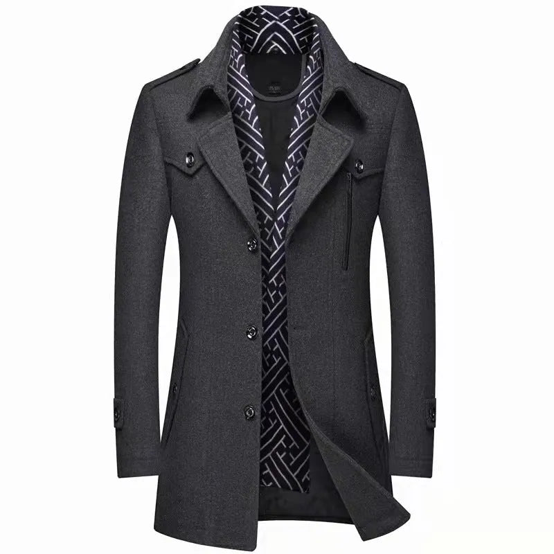 Men's Trench Coat with Detachable Soft Scarf Notched Collar Single Breasted Pea Coat Overcoat