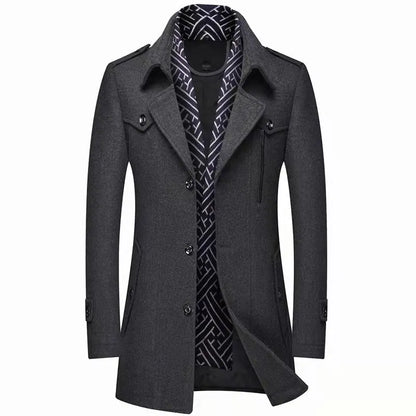 Men's Trench Coat with Detachable Soft Scarf Notched Collar Single Breasted Pea Coat Overcoat