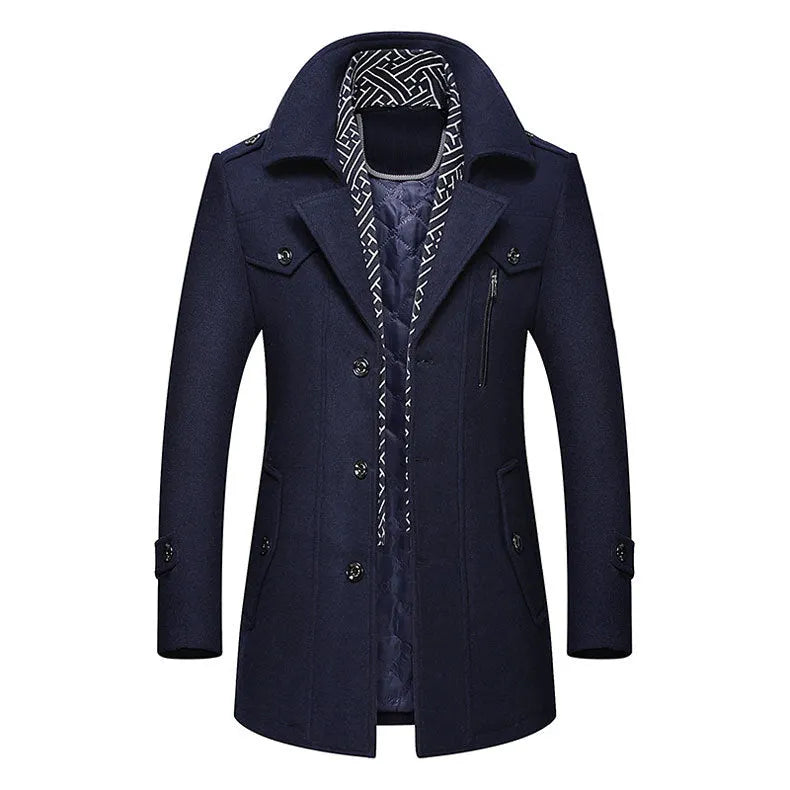 Men's Trench Coat with Detachable Soft Scarf Notched Collar Single Breasted Pea Coat Overcoat