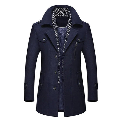 Men's Trench Coat with Detachable Soft Scarf Notched Collar Single Breasted Pea Coat Overcoat