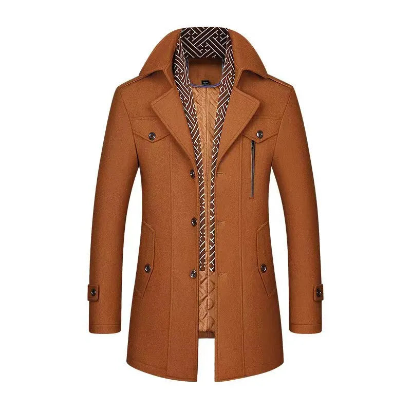 Men's Trench Coat with Detachable Soft Scarf Notched Collar Single Breasted Pea Coat Overcoat