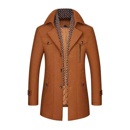Men's Trench Coat with Detachable Soft Scarf Notched Collar Single Breasted Pea Coat Overcoat