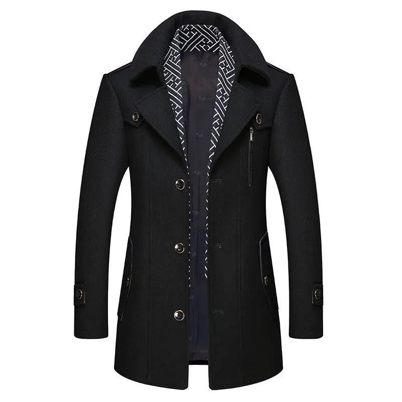 Men's Trench Coat with Detachable Soft Scarf Notched Collar Single Breasted Pea Coat Overcoat