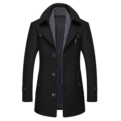 Men's Trench Coat with Detachable Soft Scarf Notched Collar Single Breasted Pea Coat Overcoat