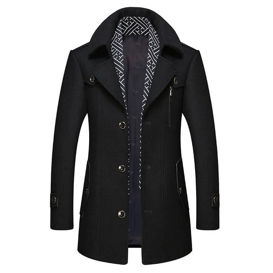 Men's Trench Coat with Detachable Soft Scarf Notched Collar Single Breasted Pea Coat Overcoat