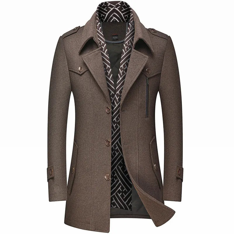 Men's Trench Coat with Detachable Soft Scarf Notched Collar Single Breasted Pea Coat Overcoat